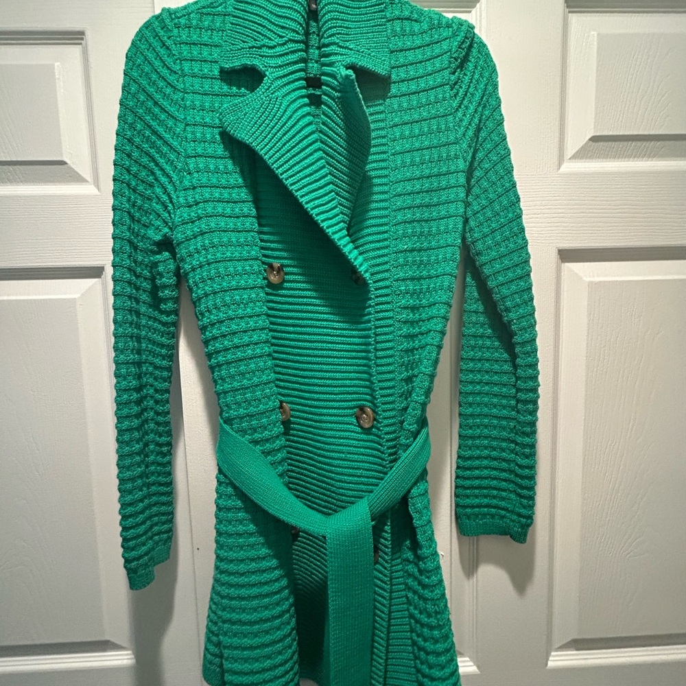 Ann Taylor Womens Green Ribbed Knit Long Cardigan Sweater with Belt